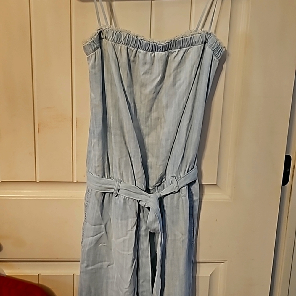 Cloth & Stone blue jean romper. Sleeveless and cropped.